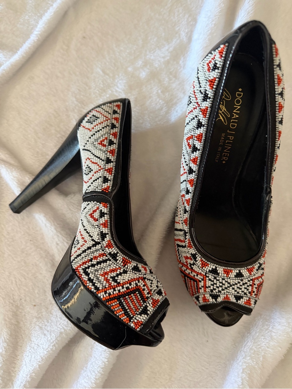 Donald J. Pliner Black, White and Red Beaded Peep-Toe Platform Heels